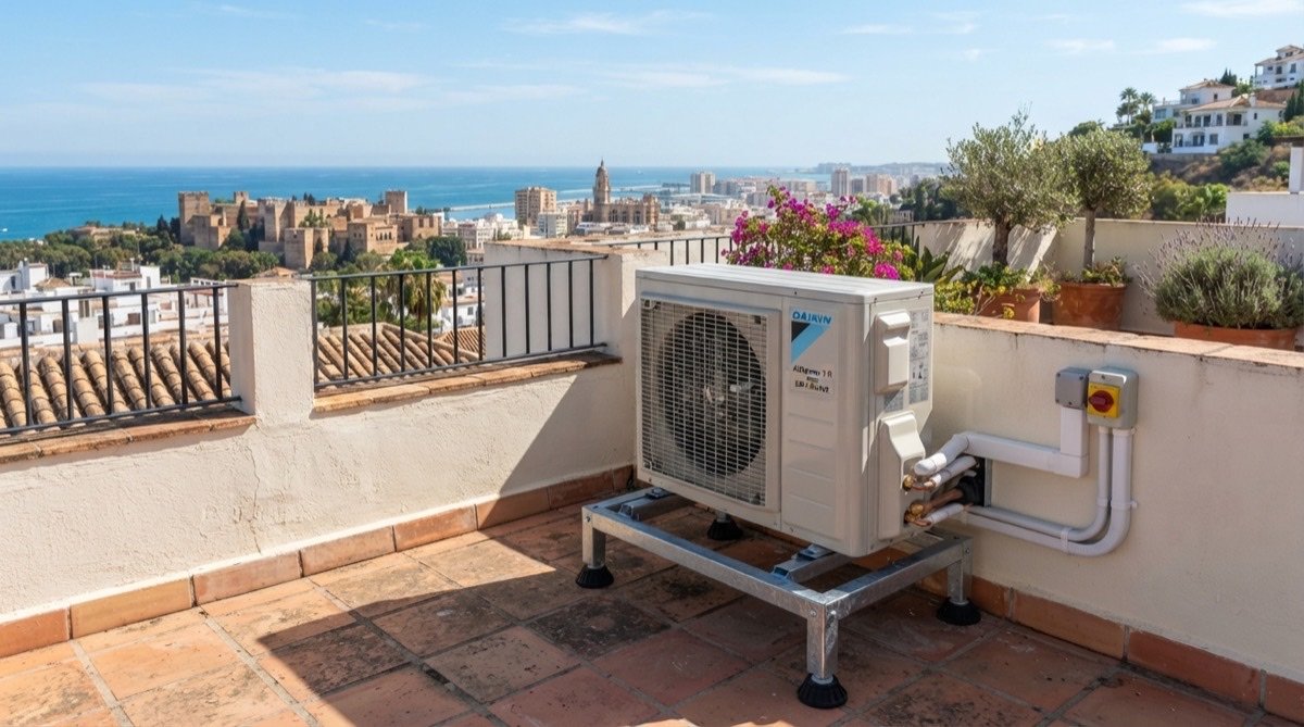 Unidad exterior de bomba de calor de aerotermia instalada en una vivienda