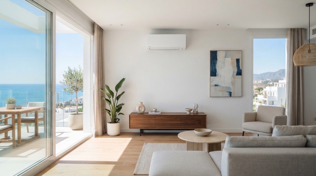 Salón de una vivienda de la Costa del Sol climatizada con vistas al mar