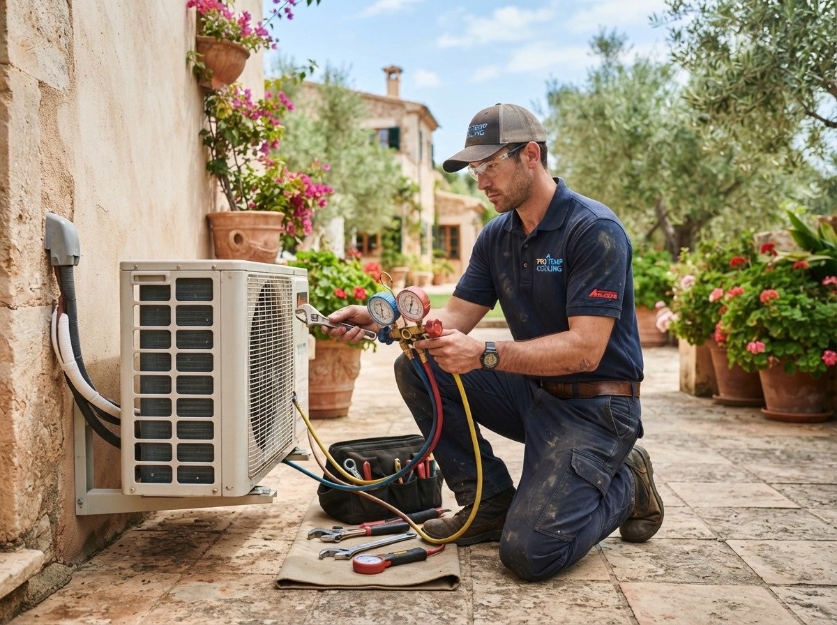 Técnico comprobando presiones de refrigerante con manómetros