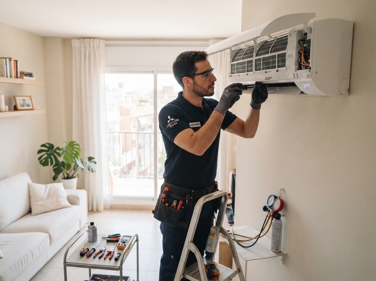 Técnico instalando la unidad interior de un aire acondicionado