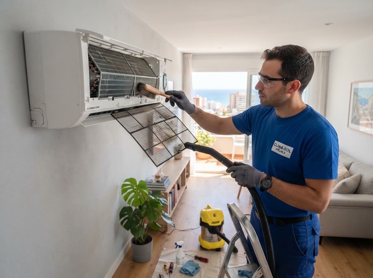 Técnico limpiando los filtros de la unidad interior de un aire acondicionado